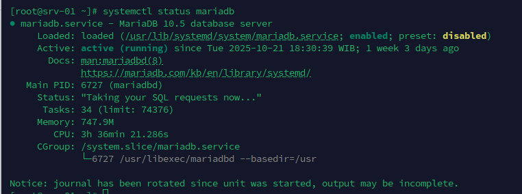 Status layanan MariaDB aktif di AlmaLinux 9