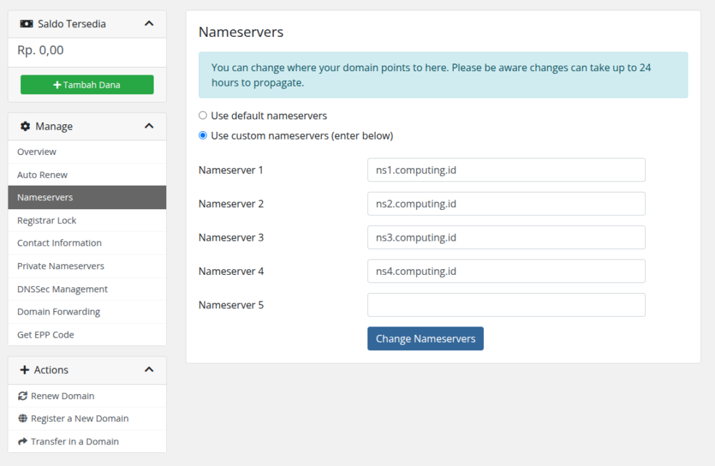 tutorial merubah nameserver domain di portal computing id